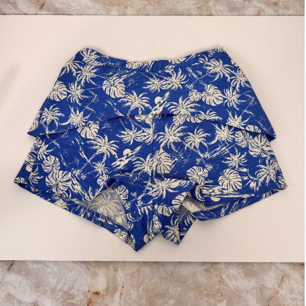 Topshop Tropical Shorts Women 4 Blue Palm Tree Print Layered Summer Beach